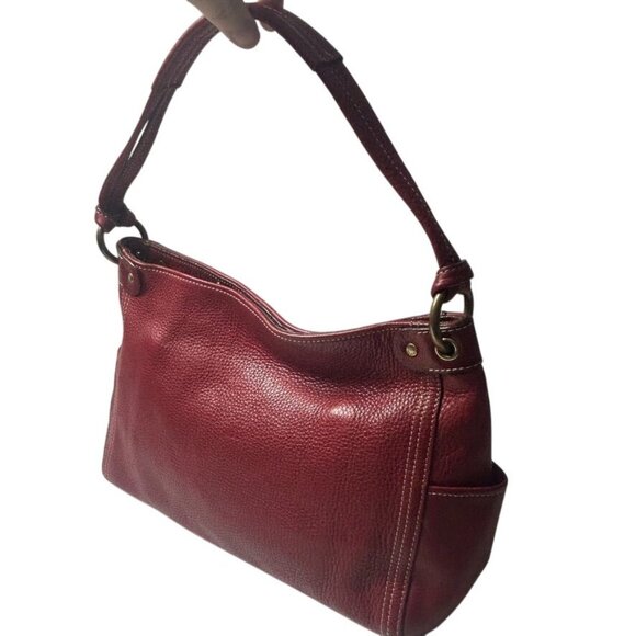 Vintage Fossil Red Pebbled Leather Shoulder Bag Side Pockets Brass Hardware - Picture 7 of 9